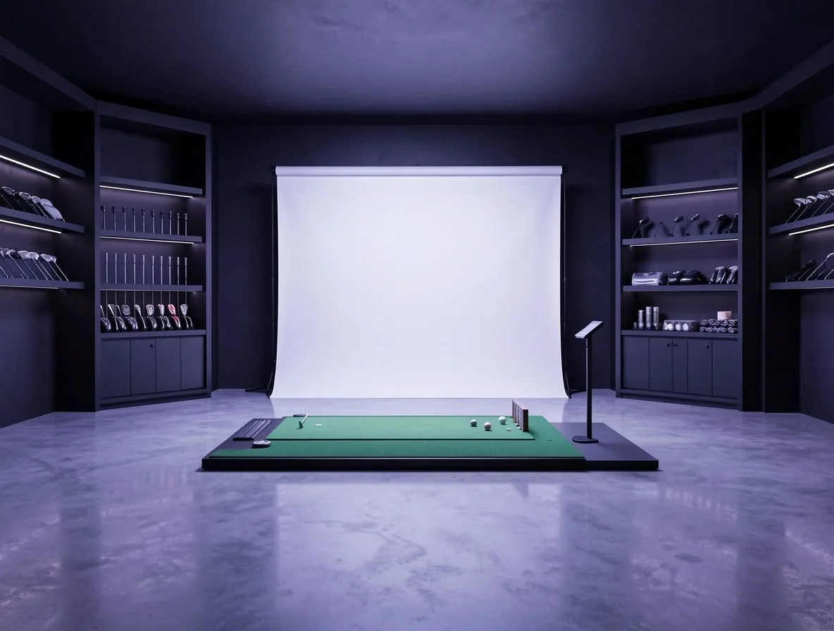 Stanowisko fittingowe z monitorem symulatora i radarem Trackman w Krakow Lounge