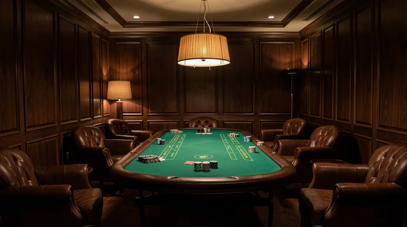 Wnętrze poker lounge w Krakow Lounge — stół do gry z oświetleniem i skórzanymi fotelami