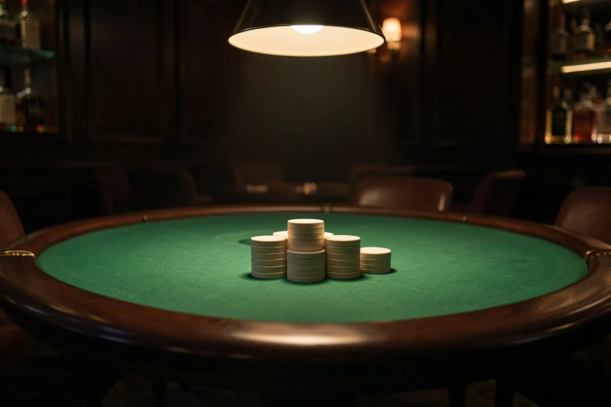 Stół pokerowy z zielonym suknem i stosami żetonów w oświetleniu lounge